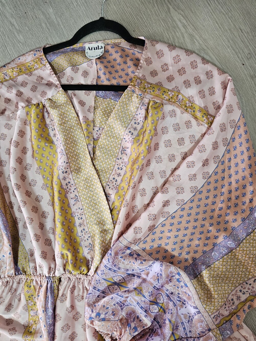 Arula Patchwork Satin Mini Dress Tunic Sz C 3X 22/24 Boho Long Sleeve No Belt - Picture 2 of 10